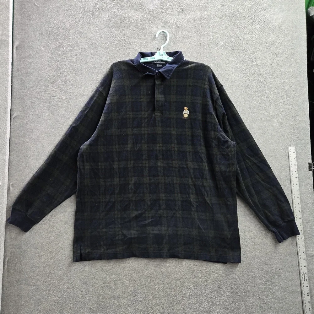 VINTAGE Polo Ralph Lauren Men Polo XL Navy‎ Bear Embroidery Plaid Blackwatch 90s